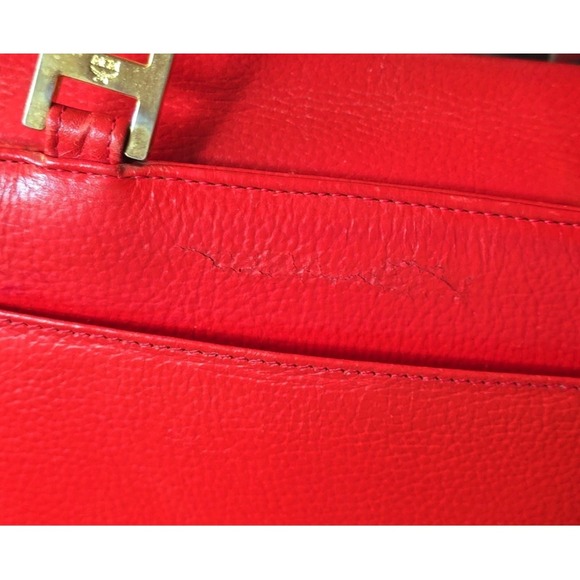 MCM‎ Vtg Red Leather Tote Bag Gold MCM Logo Studs Top Handles Small Statement - Picture 8 of 10